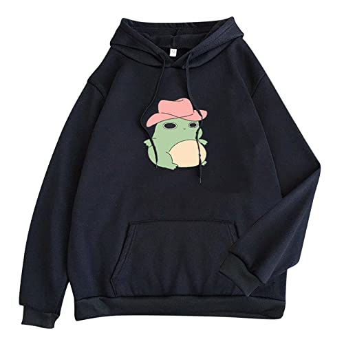 Women's Cute Frog Sweatshirt Kawaii Long Sleeve Hoodie Cotton Pullover Tops  with Pocket for Teen Girls Aesthetic Clothes Black-c Medium