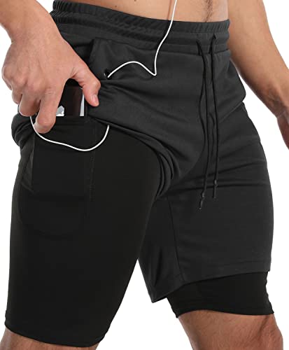 JWJ Men's Running Athletic Workout Sports Mens 2 in 1 Shorts Breathable Gym  Short for Men with Pocket Large Black