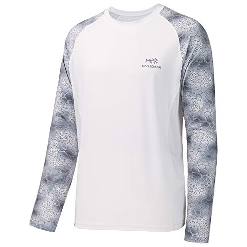 BASSDASH UPF 50 Fishing Tee for Men Camo Long Sleeve Shirt Quick Dry  Sweatshirts White/Grey Hexagonal Scales Medium