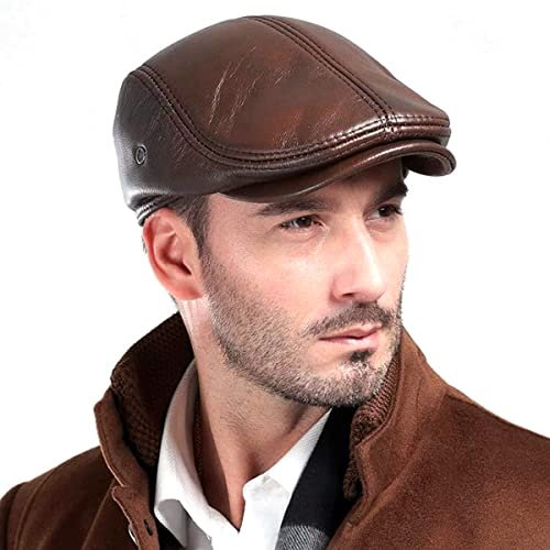 icehao Men's Adjustable Newsboy Hat Beret Hat Driving Hunting Fishing Hat  Genuine Leather Ivy Cap Fashion Beret Hat Flat Cap. Brown