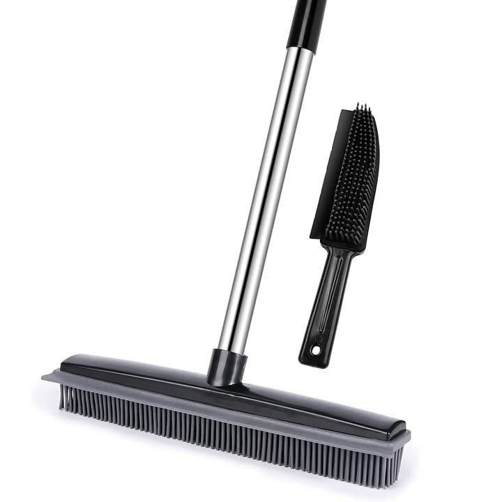 Rubber Broom with Squeegee and Adjustable Long Handle, Pet Hair and Fur Remover, Carpet Rake and Floor Brush for Hardwood, Tile and Window