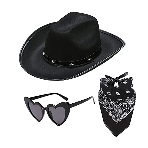 Black Cowgirl Hat with Heart Glasses & Bandana - Western Cowboy Hats  Nashville Bachelorette Party - Halloween Fun Rodeo Party Costume Accessories