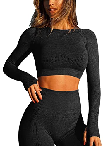 Stylishine Women Seamless Long Sleeve Bodycon Crop Tops Stretch Yoga  Athletic Shirts Control Workout Gym Black