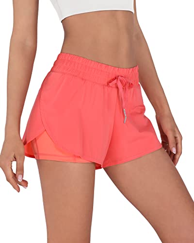 ODODOS Women's 2 in 1 Workout Shorts with Pockets High Waisted Gym Yoga  Running Shorts with Liner Style A Large Coral