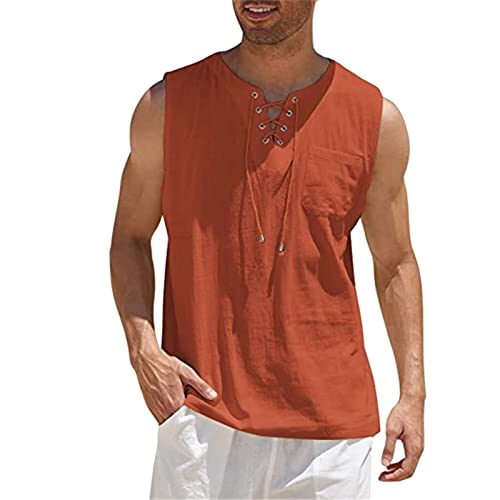 Mens Cotton Linen Henley Shirt Drawstring Half Sleeve Hippie Casual Lace Up  T Sh