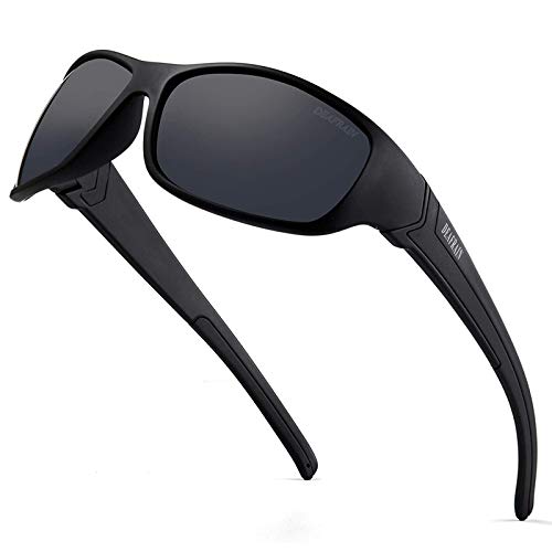 DEAFRAIN Polarized Sports Sunglasses for Men Women Driving Fishing Cycling  Running UV Protection A-frame:matte Black / Color:smoke Lens