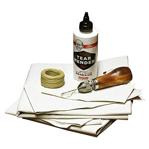 Complete Repair Kit for Canvas Tents, Pop-Up Campers, Tarps, Marine and  Boat Covers  with 6oz Tear Mender Glue, Speedy Stitcher Sewing  Awl/Needles, Over 6 Sq Ft of Canvas and 30 Yards