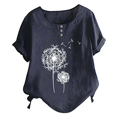 Cotton Linen Tops for Women Floral Printed Crew Neck Short Sleeve Tunic  Shirts Casual Loose Fit