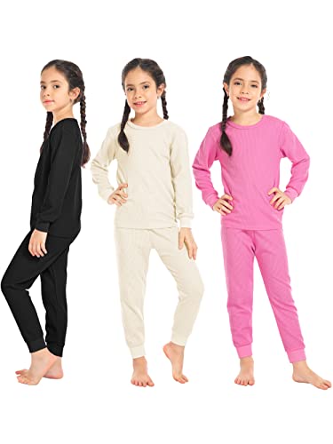 Resinta 3 Sets Girls Waffle Thermal Underwear Set Winter Waffle Cotton  Thermal Top and Bottom Long Johns Warm Base Layer