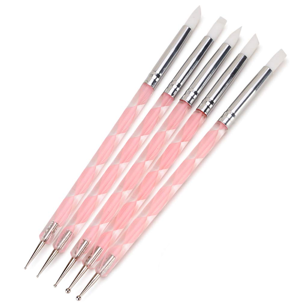 HuiDao 5Pcs Nail Art Dotting Tools Nail Silicone Brush Dual Head UV Gel  Dotting Drawing Painting Pen Clay Sculpting Drawing Tools (Clear & Pink)