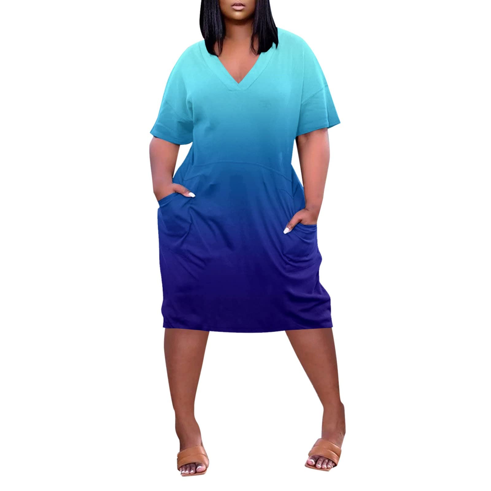 Fudule Plus Size Dress for Women Short Sleeve Dresses Summer Casual Dressy  Outfits Dresses with Pockets Midi Dress L-5XL A-a-blue X-Large