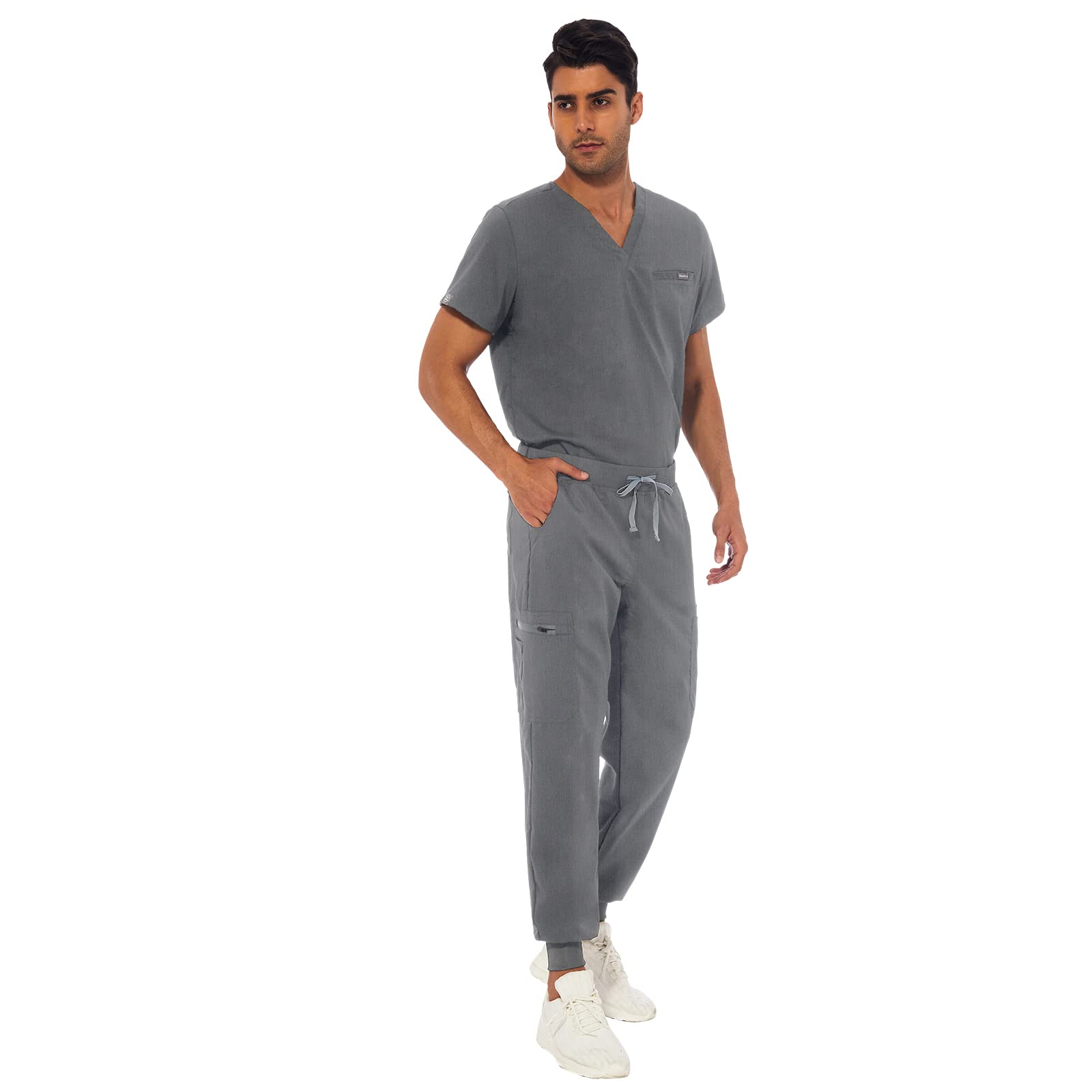 VIAOLI Athletic Scrub Set for Men V-Neck Scrub Top & Yoga Jogger Scrub Pants  with 8 Pockets Medical Nursing Working Uniform Grey Large