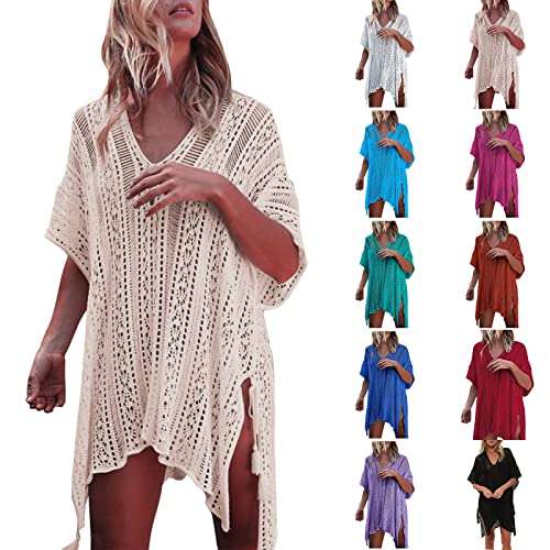 Martmory Swimsuit Coverup for Women Short Sleeve V-Neck Knit Crochet Tops  Beach Dress Swimwear Curvy Maternity Bathing Suit 1#beige One Size
