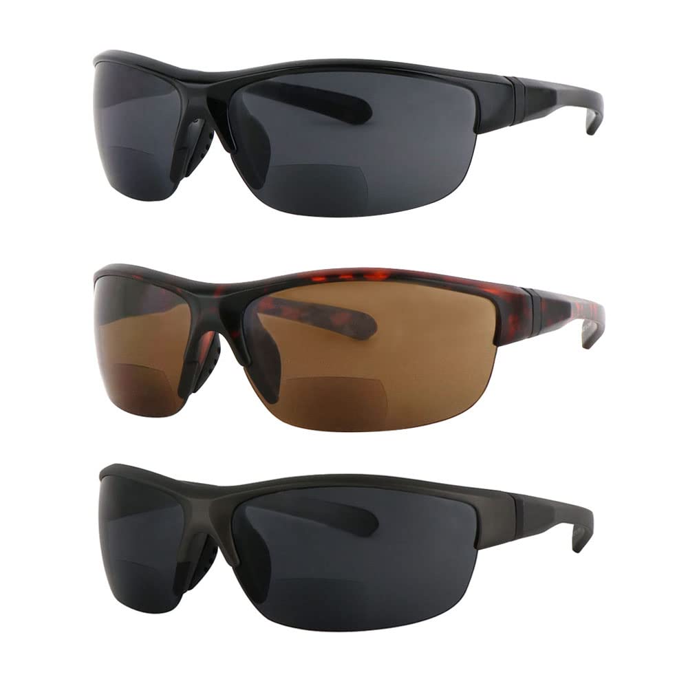 Hyyiyun 3 Pairs Bifocal Reading Sunglasses for Men and Women, Wrap Around  Outdoor Reader Glasses 1 Black/ 1 Grey/ 1 Tortoise 2.0 x