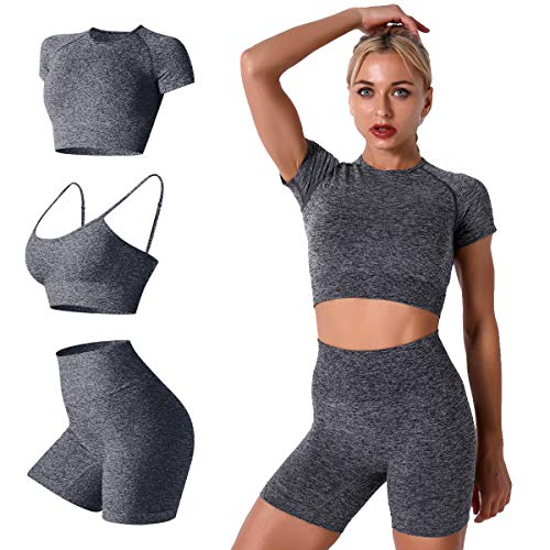 Women Seamless Yoga Outfits 2 Piece Workout Short Sleeve Crop Top with High  Waisted Running Shorts Sets Activewear 3pcs-gray Large