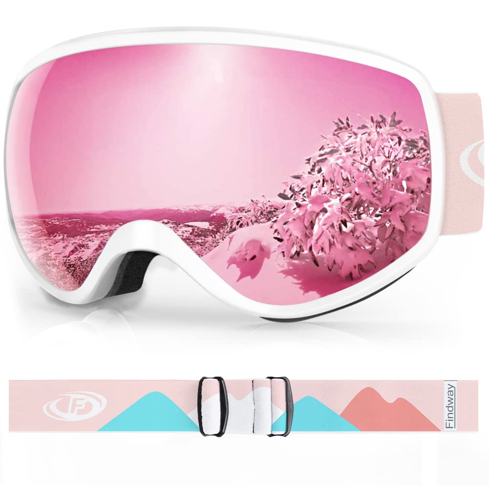 findway Kids Ski Goggles, Kids Snowboard Goggles for Boys Girls Toddler Age  3-14 White Frame Pink Silver Lens(vlt 21%)