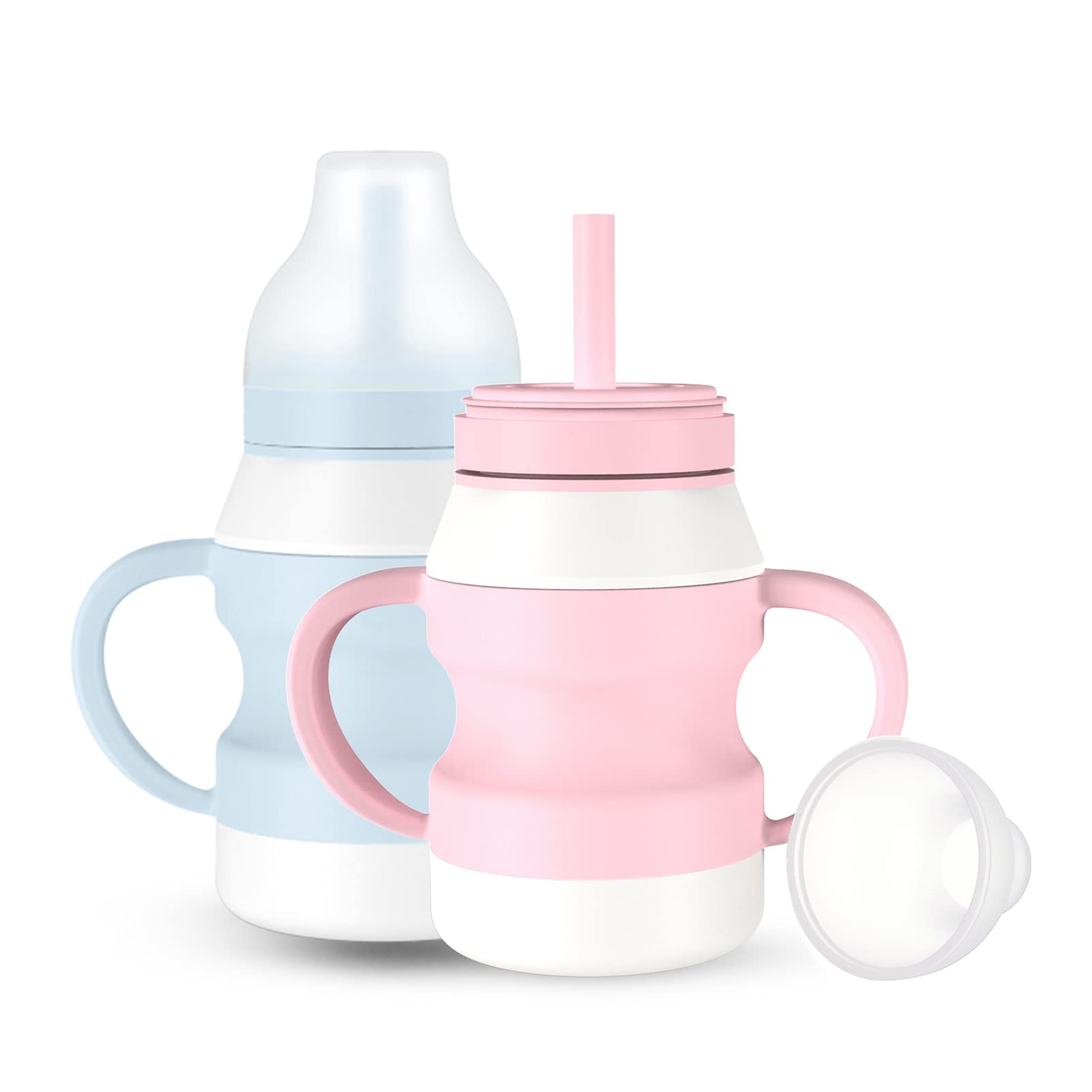 Toddler Cup Silicone Training Cups Learner Straw Cup Set with Removable Handle, Pacifier and Lid Splash Resistant Sippy Cup with 2 Ways for Infants