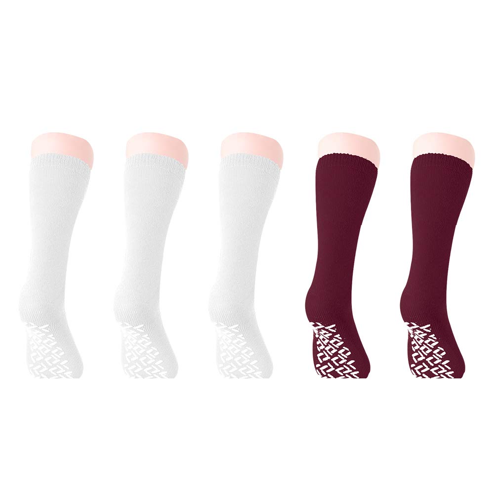 Non Slip Anti Skid Yoga Pilates Hospital Slipper Socks with Gripper Bottoms  Mid Calf 5 Pairs (3 White 2 Maroon)