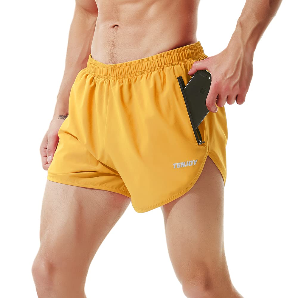 TENJOY Men's Running Shorts Gym Athletic Workout Shorts for Men 3 inch  Sports Shorts with Zipper Pocket Yellow Small