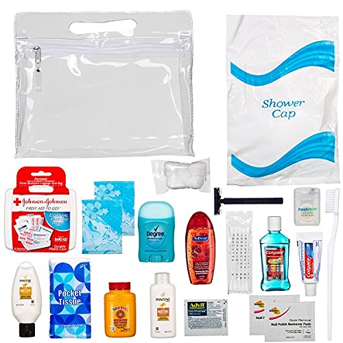 Travel-sized toiletries (toothpaste, shampoo, deodorant, mouth wash, dental  floss, q-tips)