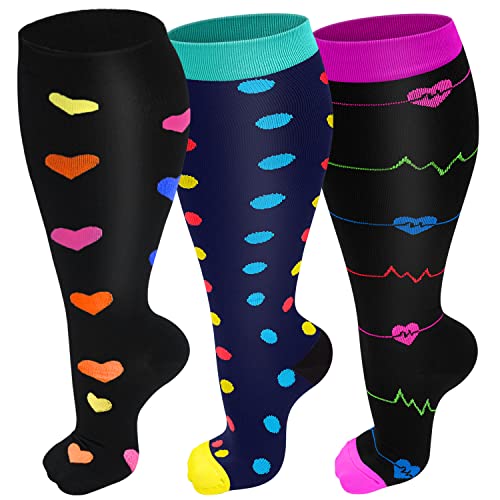 Refeel Plus Size Compression Socks Wide Calf For Women & Men 20-30 mmhg -  Large Size Knee High Support Stockings For Medical 01- Black/Purple/Navy XX- Large