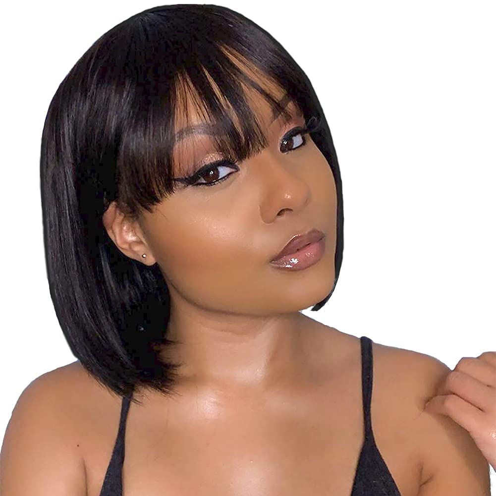 Short Bob Wig Human Hair with Bangs 8 Inch None Lace Front Wigs for Black  Women Human Hair Brazilian Virgin Straight Hair 150% Density Machine Made  Bob Wigs Natural Color 8 Inch (Pack of 1)