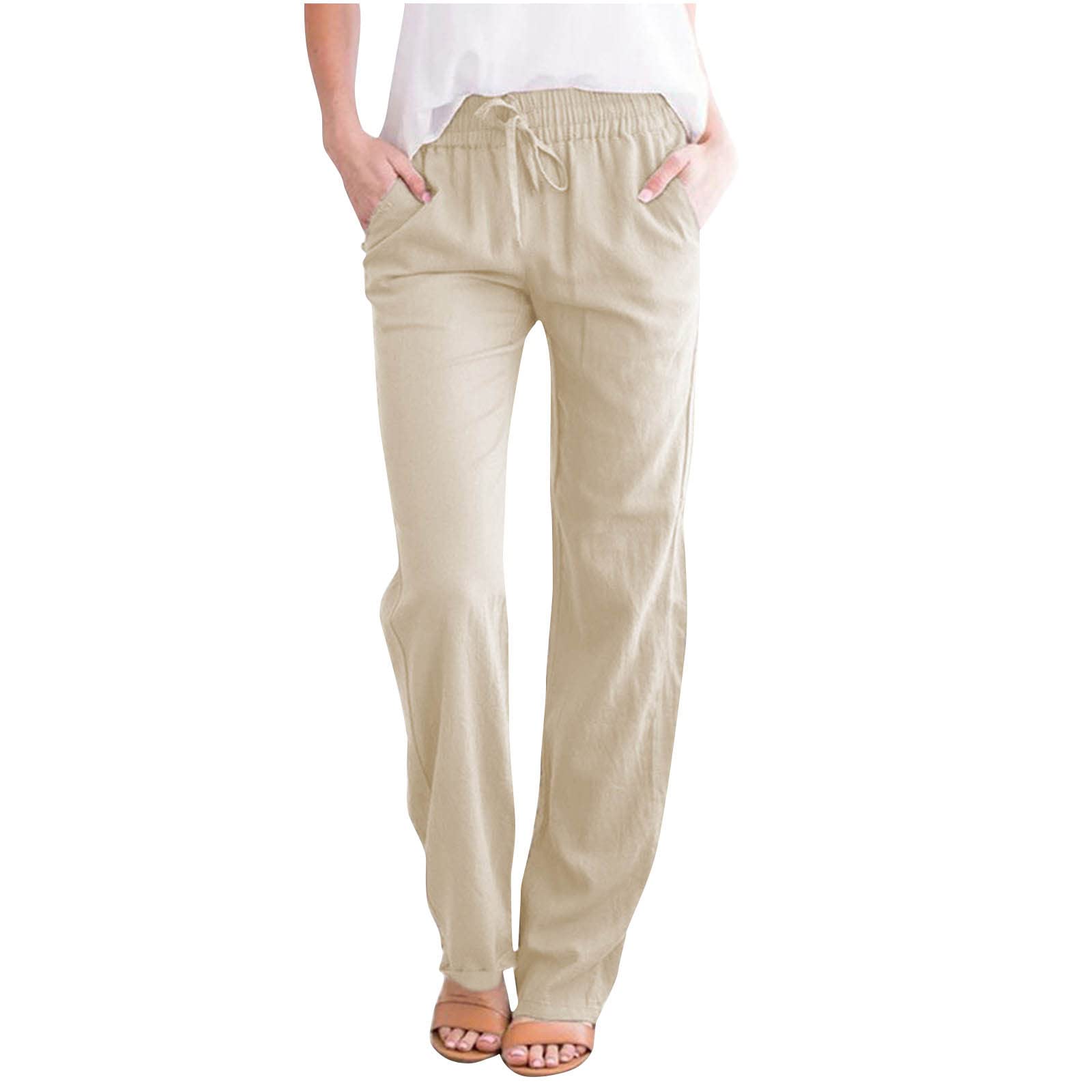 Summer Pants For Women Casual Lightweight Women Casual Solid Cotton Linen  Drawstring Elastic Waist Calf-Length Pencil Pants Black S