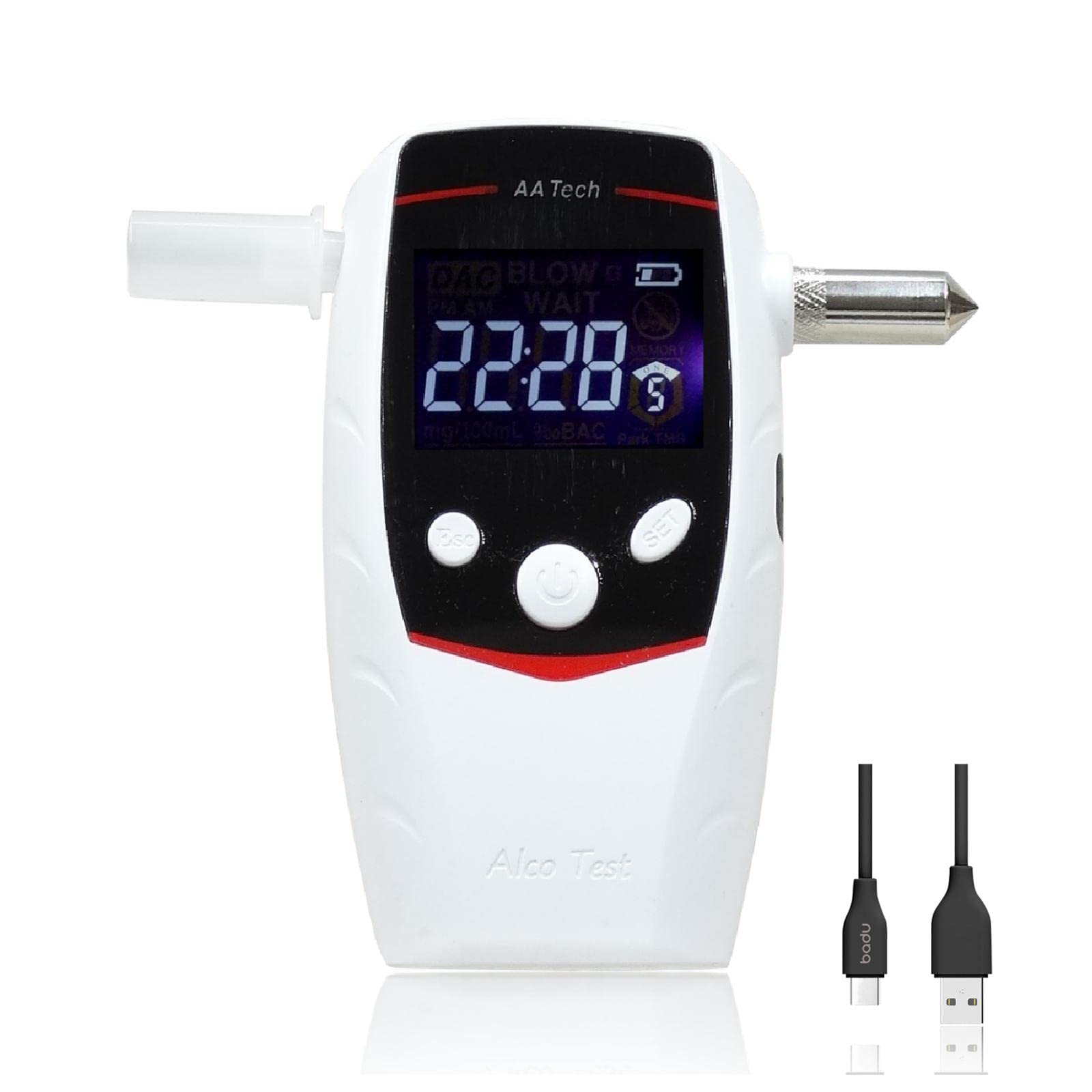 iBACheck Breathalyzer with Window Breaker. Rechargeable Alcohol Tester  Breath Analyzer to Test Alcohol Real time Clock and Low Standby Current.  Breath Test with 10 Memories (White)