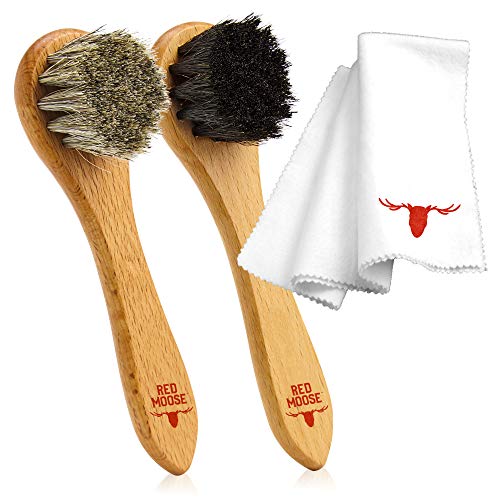 RED MOOSE 3pc Shoe Shine Kit - Shoe Brush and Cleaning Cloth Set - 2  Premium Horsehair Cleaning Brushes and X-Large Buffing Cloth - Leather  Polish and Care Set for Shoes and Boots