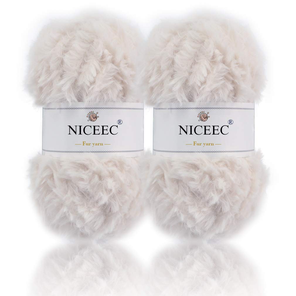 NICEEC 2 Skeins Super Soft Fur Yarn Chunky Fluffy Faux Fur Yarn Eyelash Yarn  for Crochet Knit -Total Length 2 32m(2 35yds 50g 2)-Cream White Cream White  2 Pack