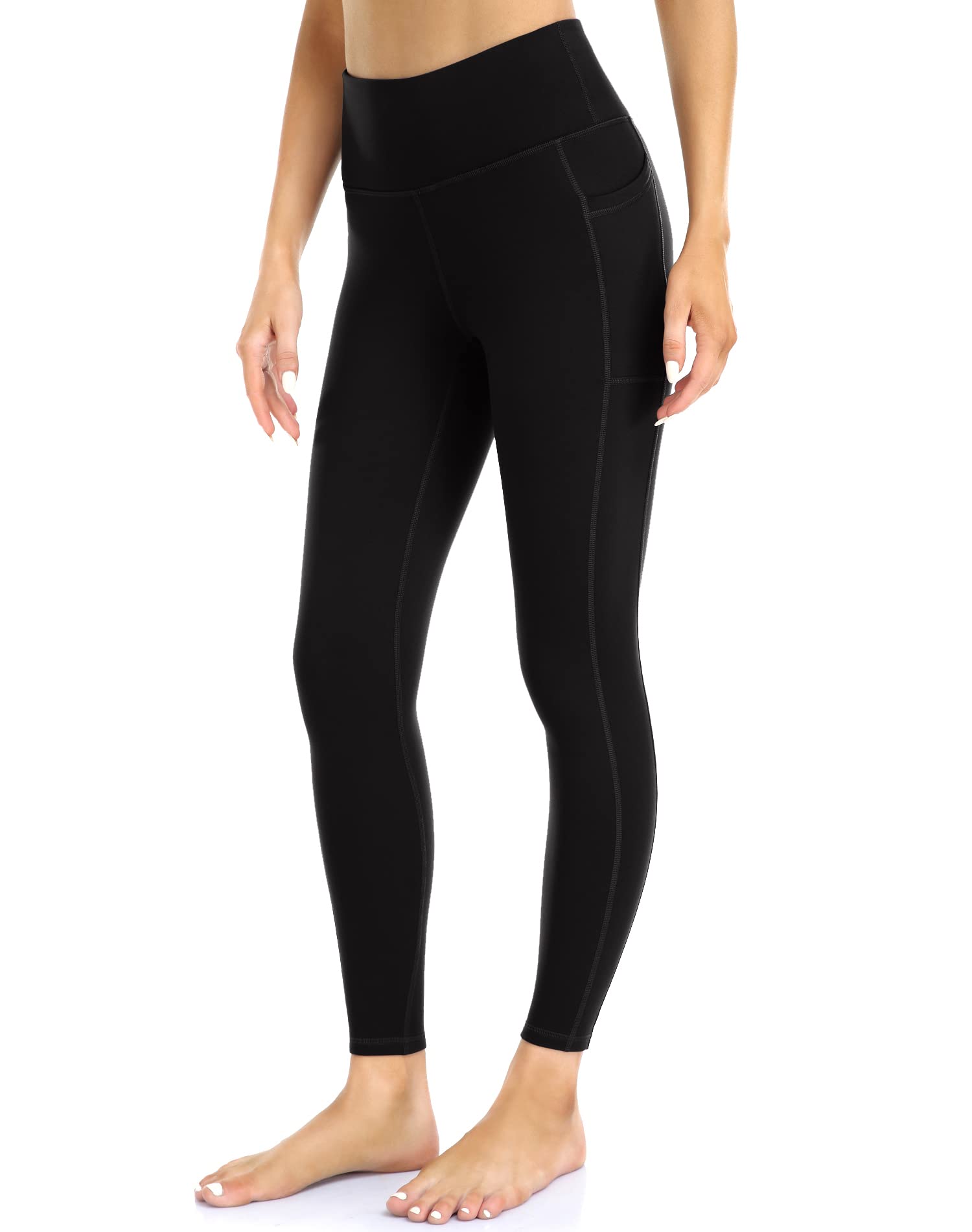 IBL Women's Spandex Buttery Soft Leggings High Waist Yoga Running Pants  with Pockets 27 Inseam Medium Black