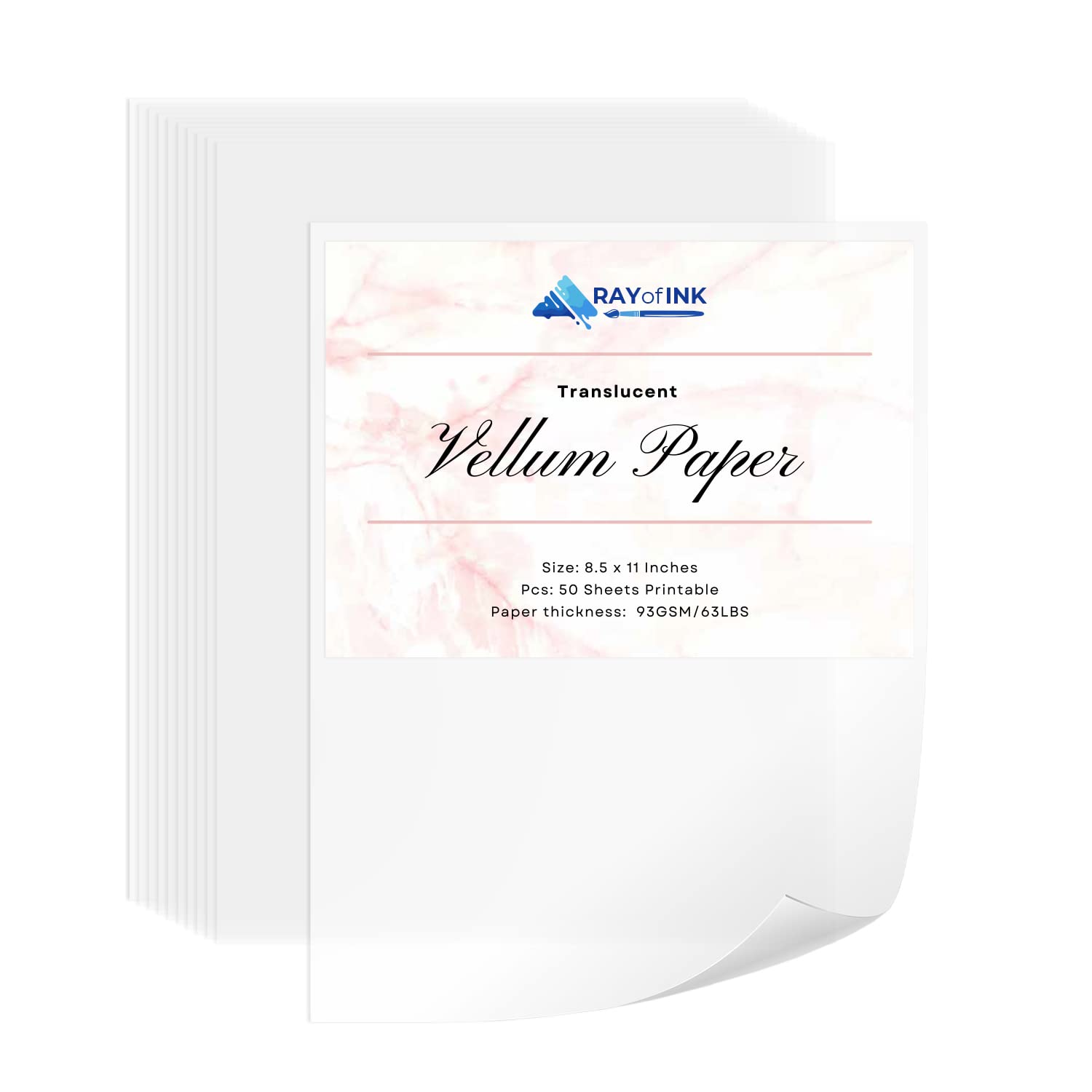 Ray of Ink Translucent Vellum Paper 8.5 x 11 Printable 50 Sheets 93GSM  63LBS Clear Vellum Sheets for Tracing Sketching Painting Invitations  Animation 8.5-x-11-Inch