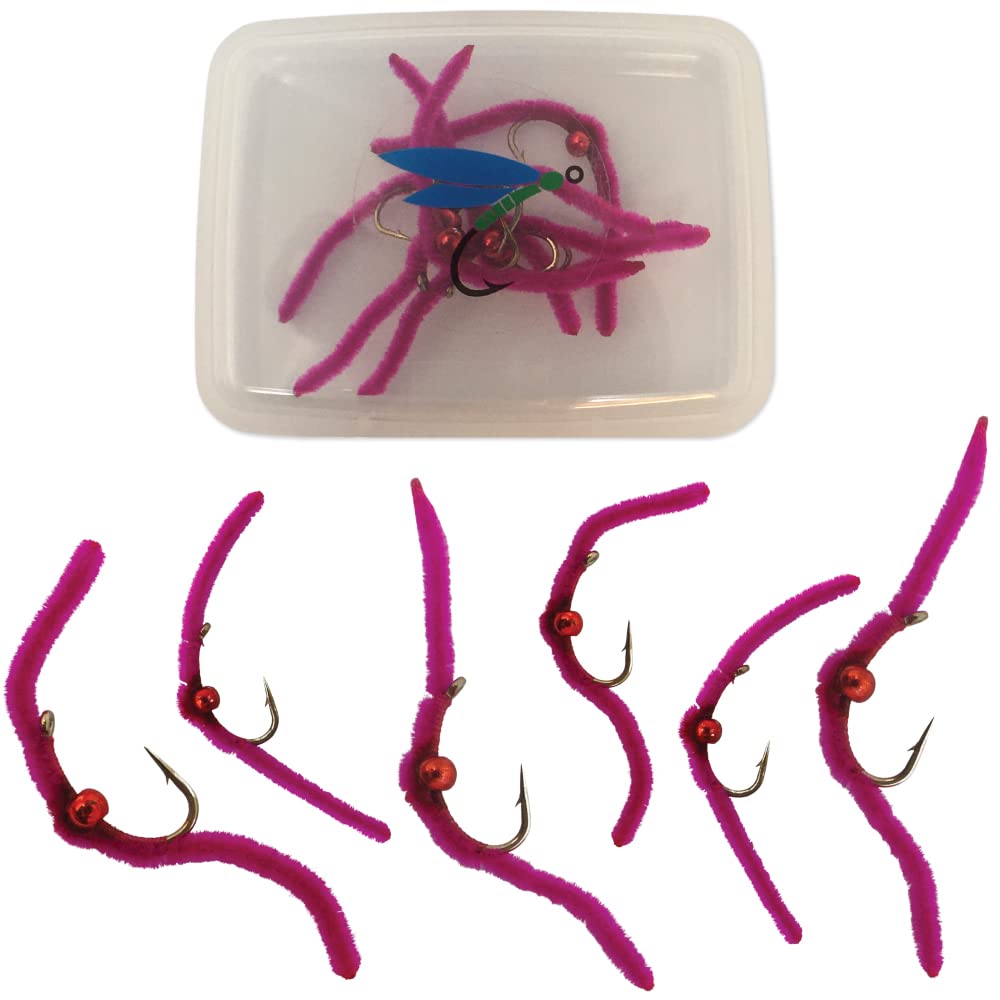 Thor Outdoor San Juan Worm - 6 Pc Trout Fly Fishing Set - Beaded Pink, Hook  Size #14 - Wet Nymph Fly Ideal for Panfish and Trout