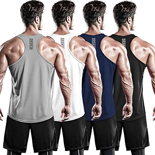 DRSKIN Men's 4 or 3 Pack Tank Tops Sleeveless Shirts Dry Fit Y-Back Muscle  Mesh Gym Training Athletic Workout Medium Btf-me-ta-black white navy gray ( Pack of 4)