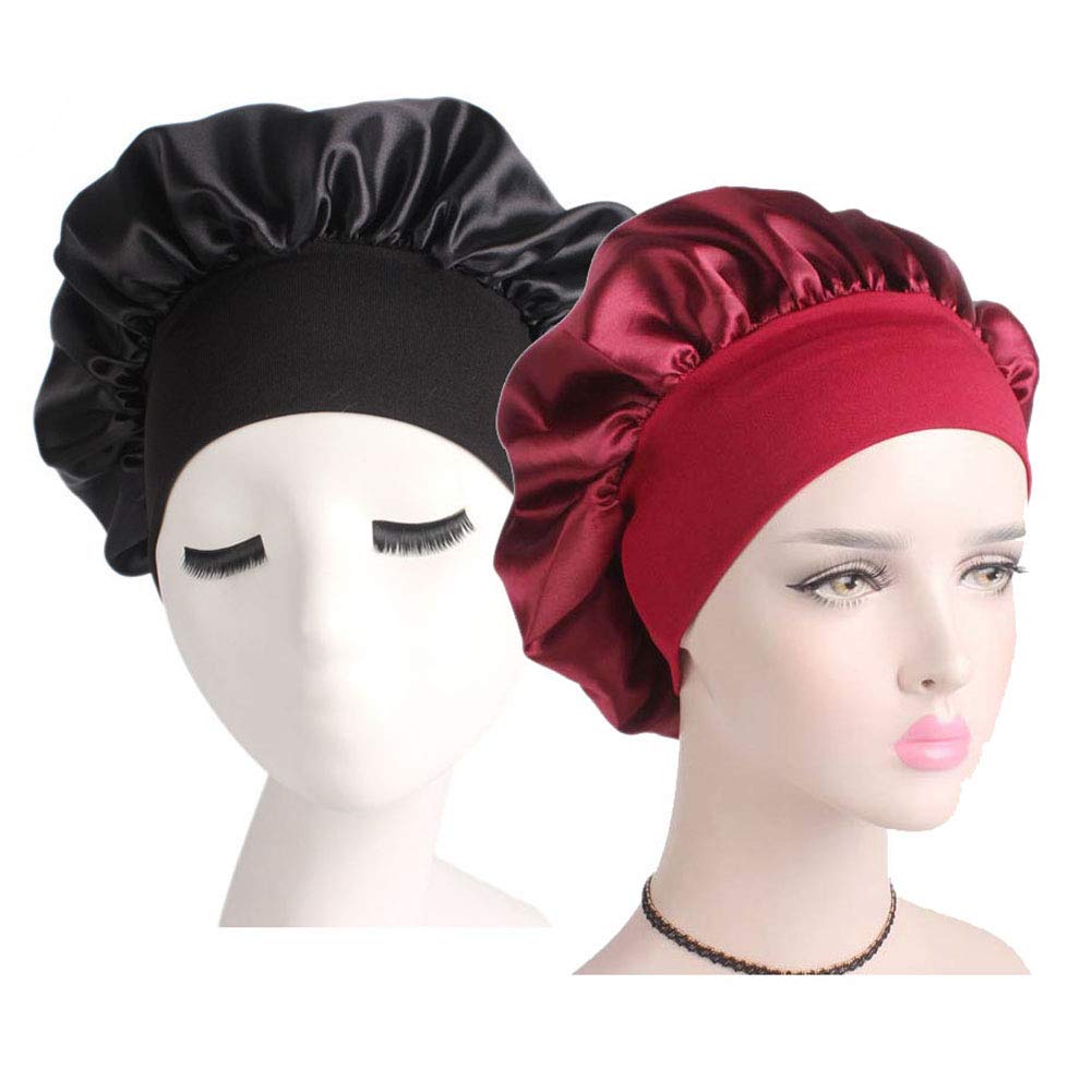 Women Satin Night Sleep Cap Hair Bonnet Hat Silk Head Cover Wide Elastic  Band 