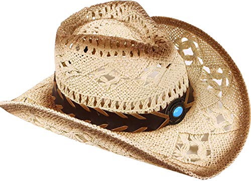 Livingston Men & Women's Woven Straw Cowboy Hat w/Hat Band A-blue