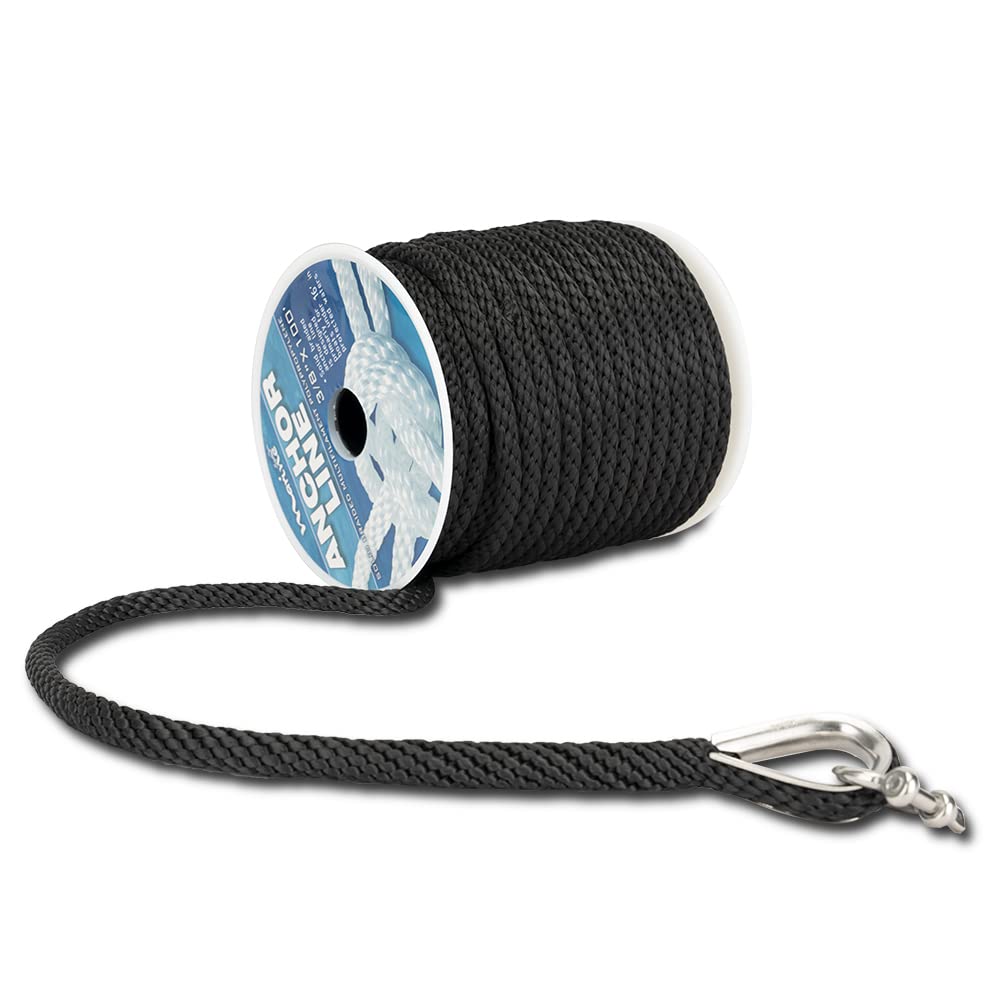 MARINE SYSTEM Made 3/8 Inch 100FT 150FT Premium Solid Braid MFP Anchor Line  Braided Anchor Rope/Line with Stainless Steel Thimble and Shackle (3/8 x  100') 3/8x100' Black