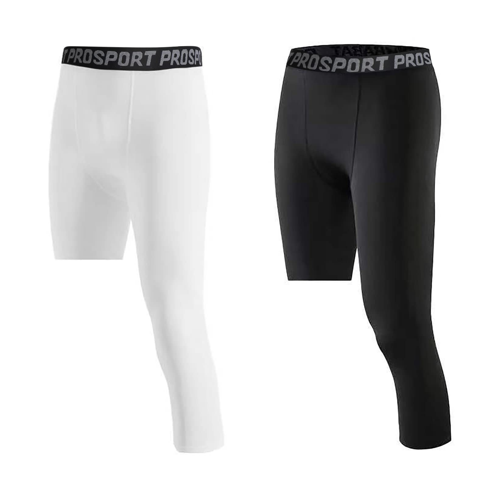 2 Pack Mens Compression Pants One Leg 3/4 Capri Tights Leggings Athletic  Base Layer for Gym Running Basketball White+black (Left 3/4) Large