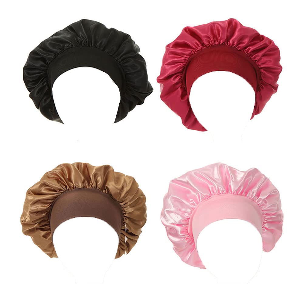 4 Pack Soft Satin Sleeping Cap Wide Band Salon Bonnet Silk Night Sleep Hat  Hair Loss Cap for Women, 4 Styles