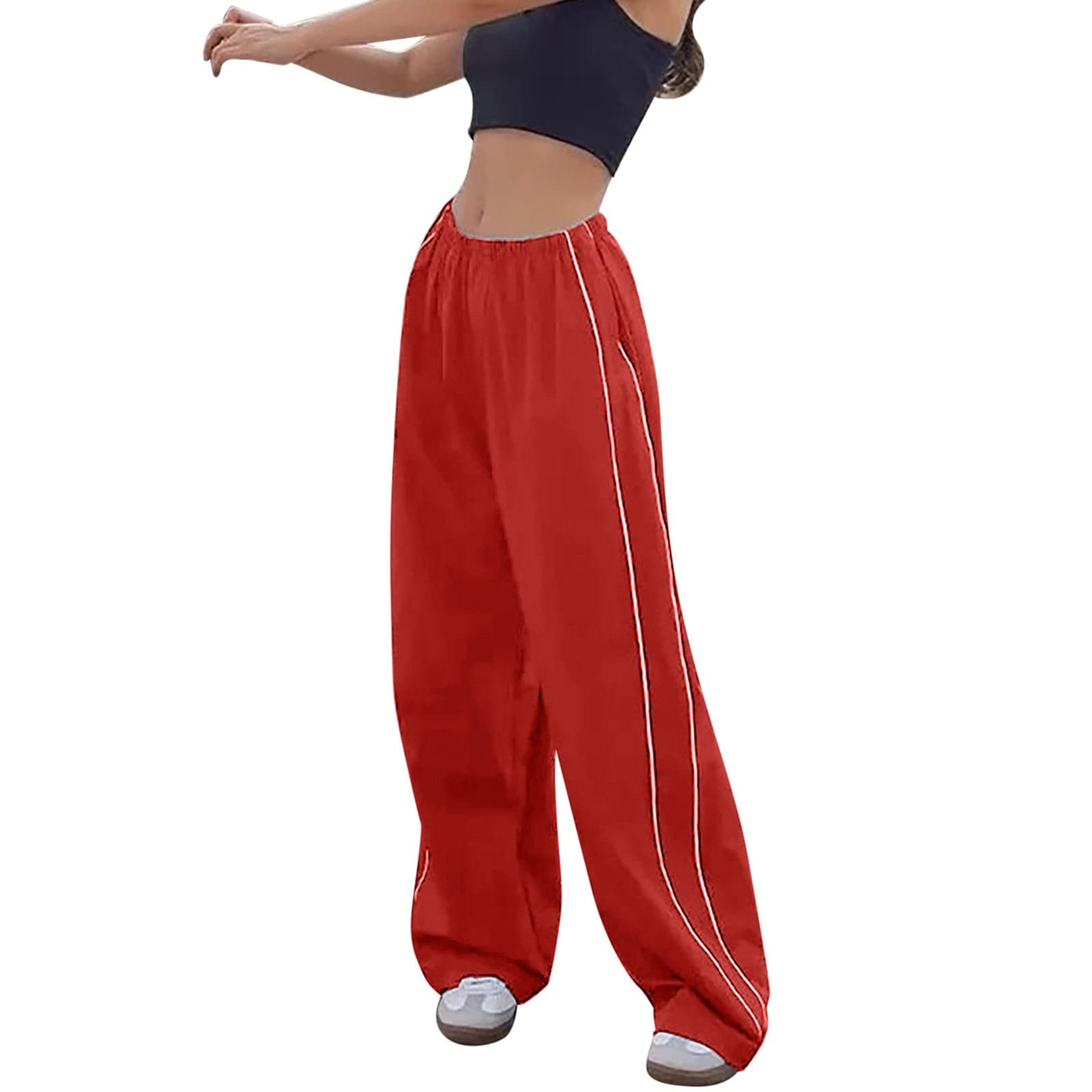 Gufesf Parachute Pants Women, Cargo Pants for Women Baggy Low Waist Y2K  Pants Light Baggy Jogger Fashion Relaxed Pants Ak-f-red Medium