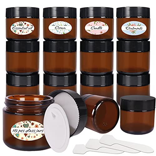 2 oz Amber Glass Jars,15 Pack Empty Cosmetic Containers with Inner Liners  and Black Lids,Refillable Round Cream Jars for Lotion,Ointments,Bath  Salts,Makeup,Slime and Travel