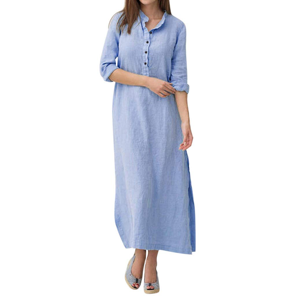 Women's Casual Cotton Linen Dress Solid Long Sleeve Shift Maxi Dresses Side  Split Button up Shirts Long Dress Blue X-Large