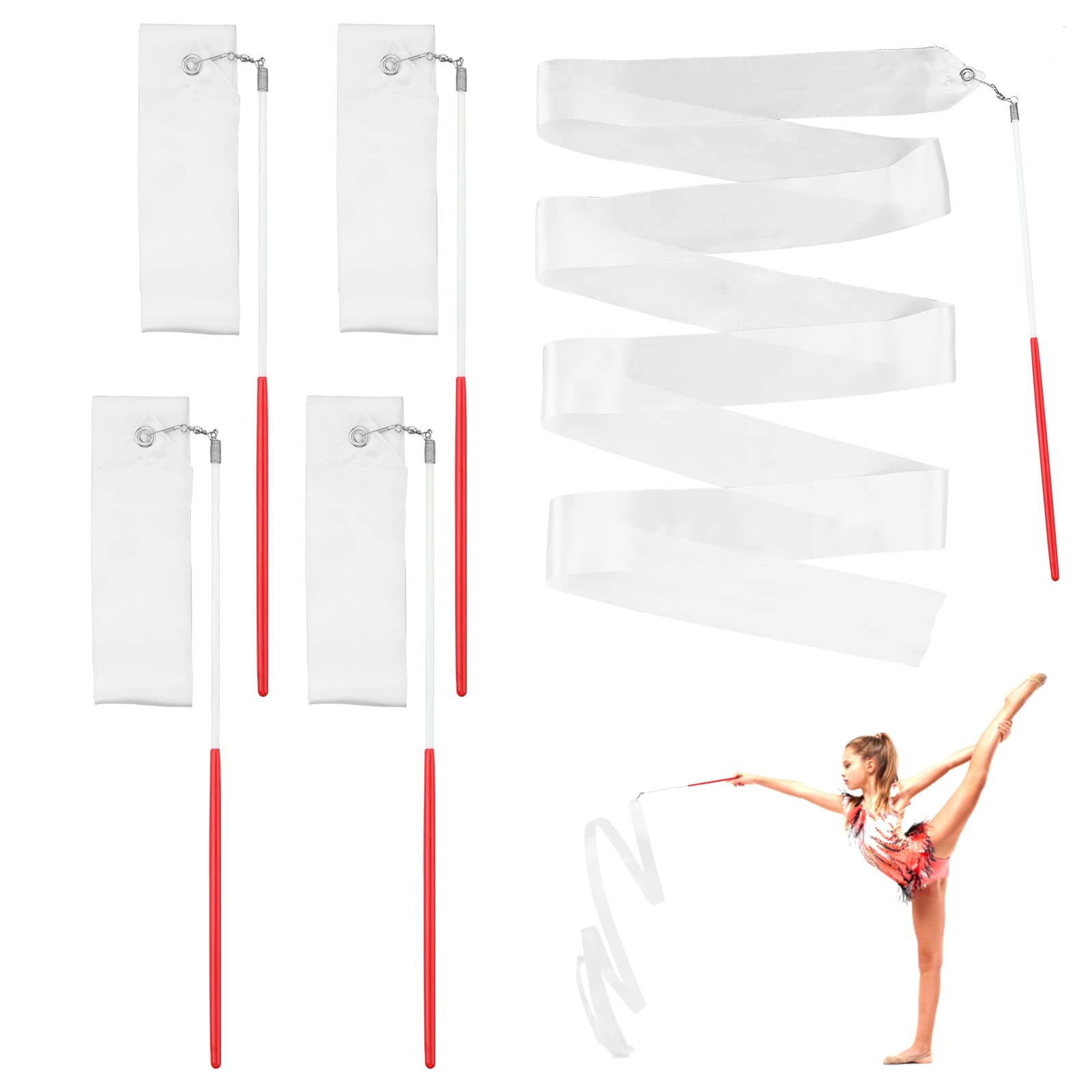 Grevosea Gymnastics Dance Ribbons, 4 Pieces Dancing Ribbon Streamers with  30cm Wand White Rhythmic Gymnastics Ribbon