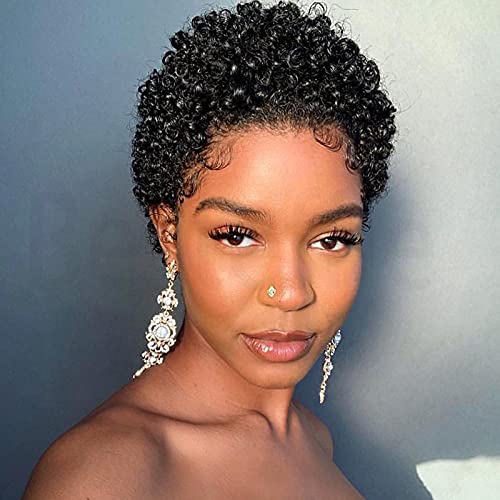 Short Afro Kinky Curly Wigs For Black Women Human Hair Wig Pixie Cut Wig  Natural Black