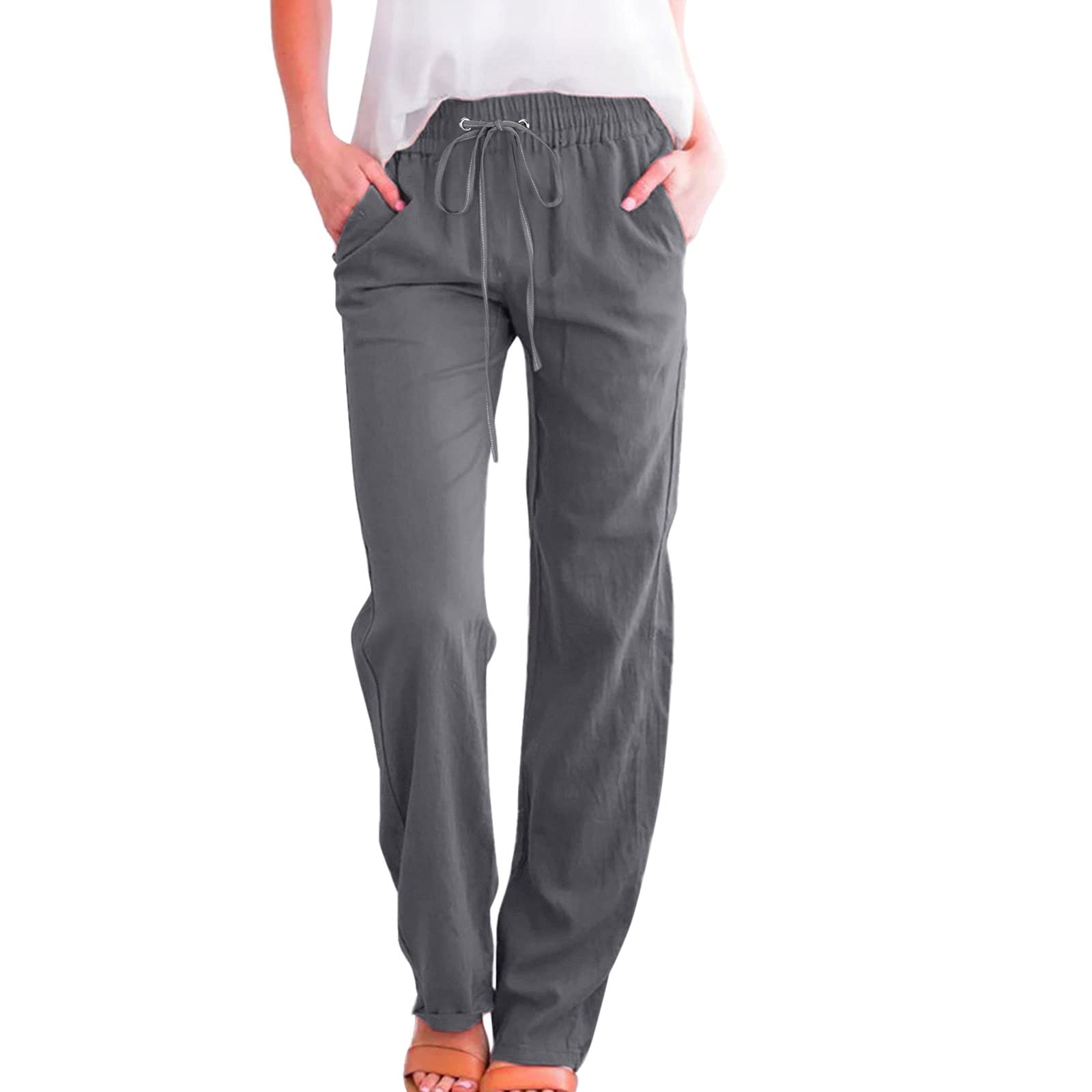Linen Blend Drawstring Pants In White, XXL / White