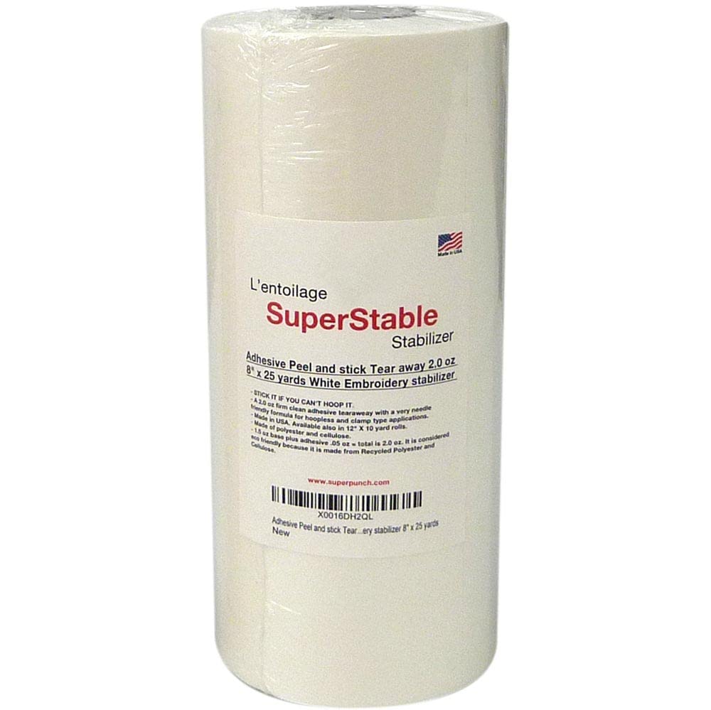 Superpunch White Adhesive Peel & Stick Tear Away Stabilizer for Embroidery  - 8-inch x 25-Yard Roll, SuperStable Machine Embroidery Stabilizers Backing  2.0 oz for Hoop Less Embroidery, Made in USA 8 x