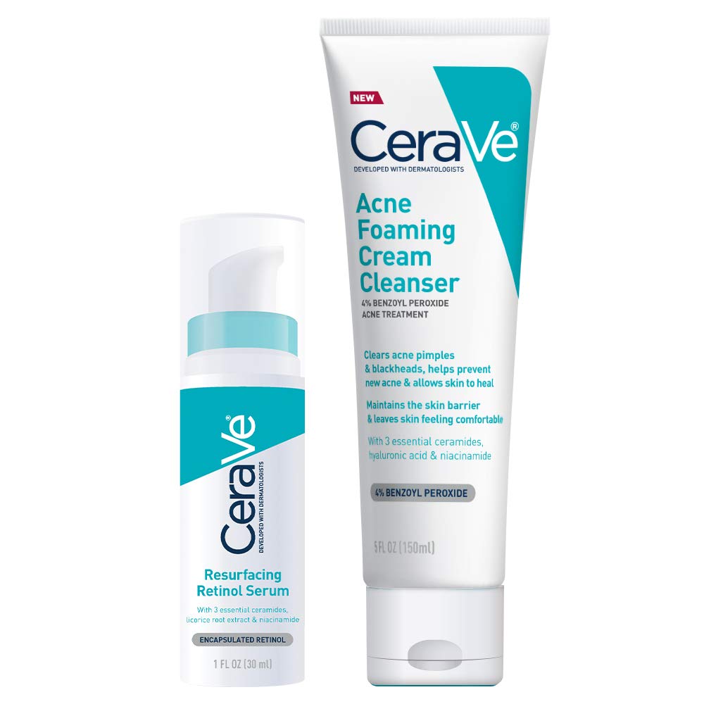 CeraVe Acne Treatment Face Wash and Retinol Serum Bundle  Contains One Acne  Foaming Cream Cleanser (5 Ounce) and One Brightening Facial Serum for Post- Acne Marks and Pores (1 Ounce)