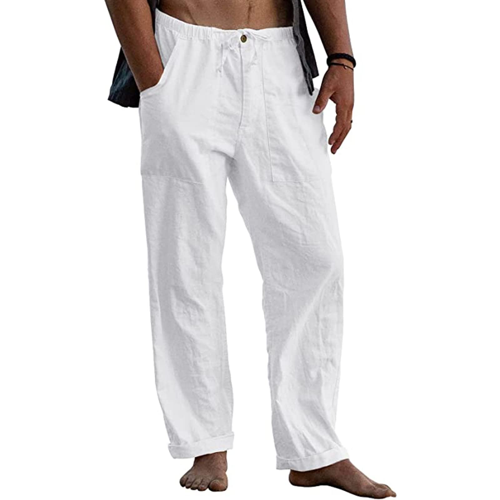 Angbater Men's Linen Summer Beach Pants Loose Fit Yoga Pant Casual