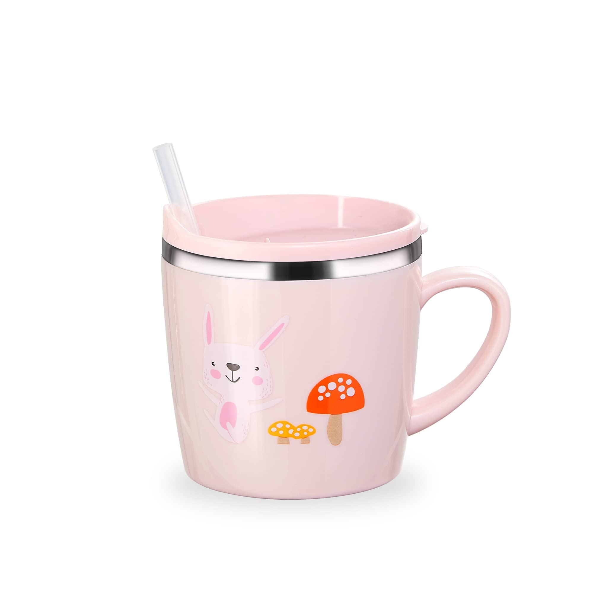 Valueder Kids Baby Toddler Cups Mug Sippy Learning Trainer Cup for Milk  Coffee Hot Chocolate Stainless Steel Trainer Straw Cup with Lid Rabbit  7oz/Peacock pink Pink-Rabbit