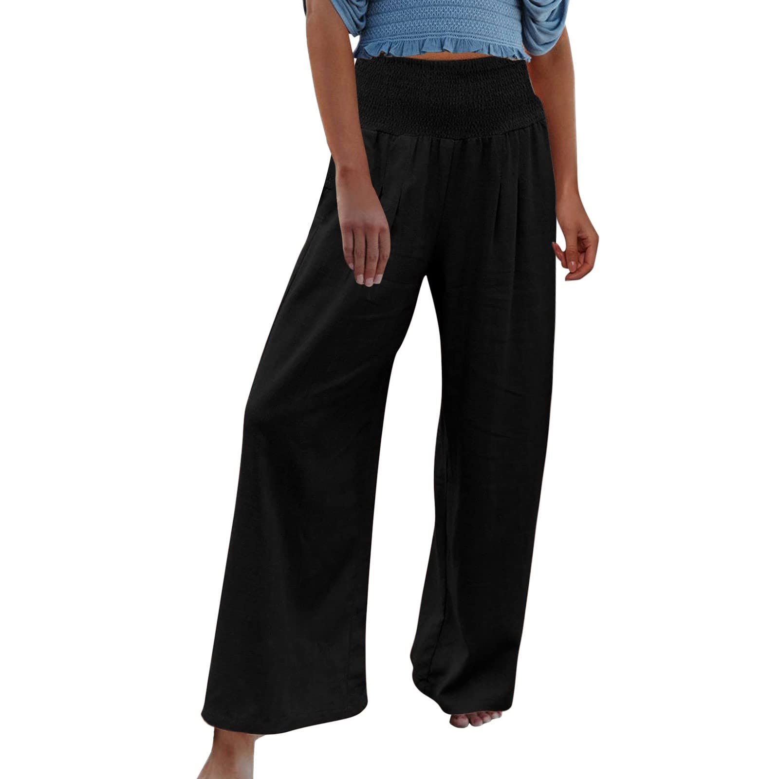 Gufesf Women's Casual Cotton Linen Palazzo Pants Wide Leg Long